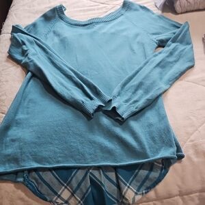 Blue Long Sleeve Sweater with Plaid Detail